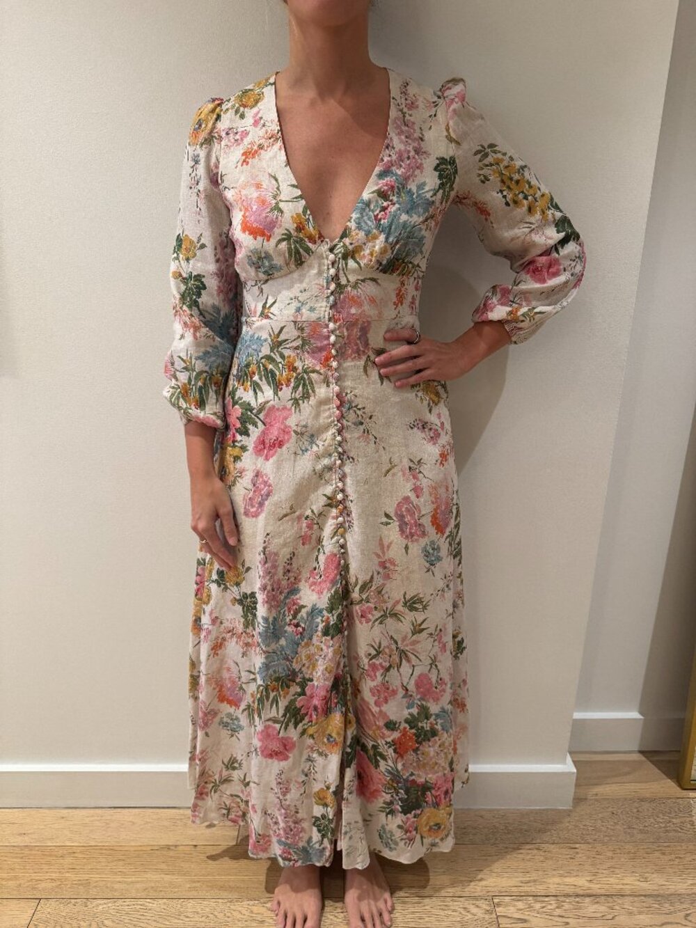 Zimmermann Cream Floral Print Long Sleeve Linen Maxi Dress 2 AU/ 8 US